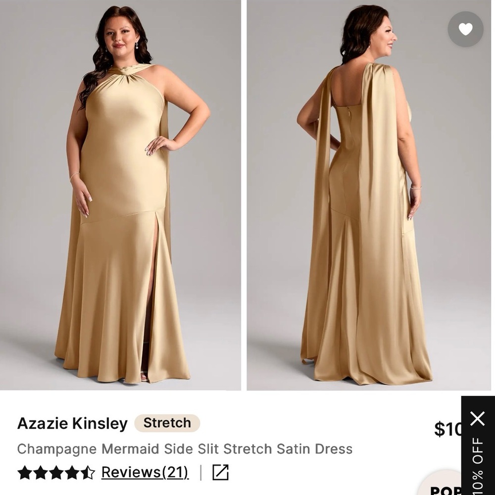 Azazie Champagne Stretch Satin Maxi Dress with Side Slit - Picture 2 of 3